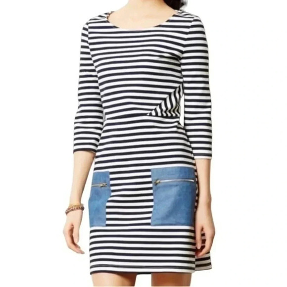 Anthropologie Tabitha Marin Dress Navy Stripe Stretch Pockets Zip Size 10 - Picture 1 of 3